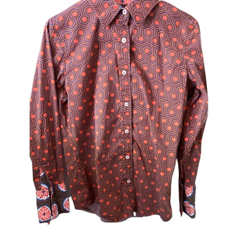 Tizzie button down long-sleeve, pink, brown hexagons M contrast cuff